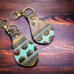 Embossed Leather Key Chain - Blue - Cowhide and Conchos