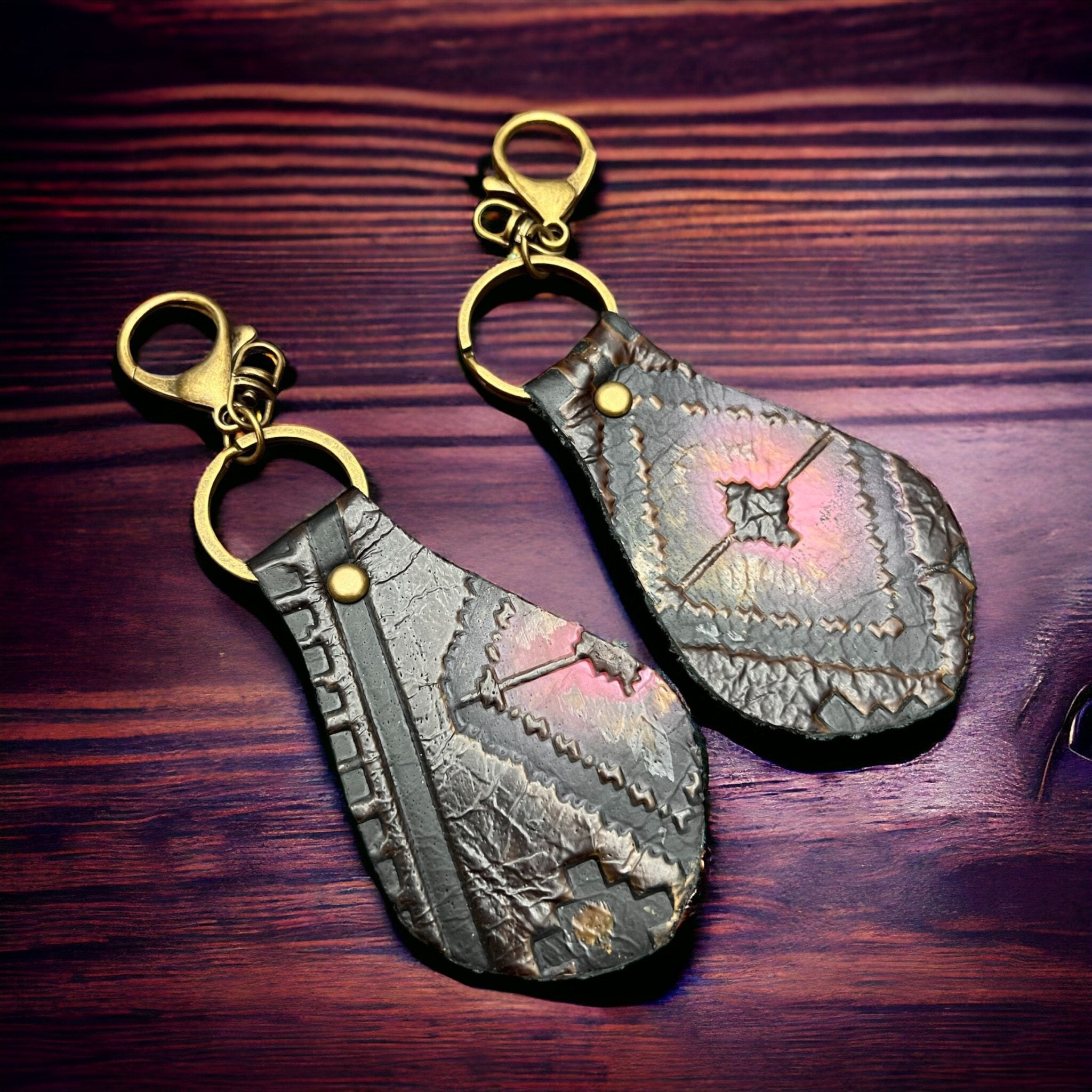 Embossed Leather Key Chain - Magenta - Cowhide and Conchos