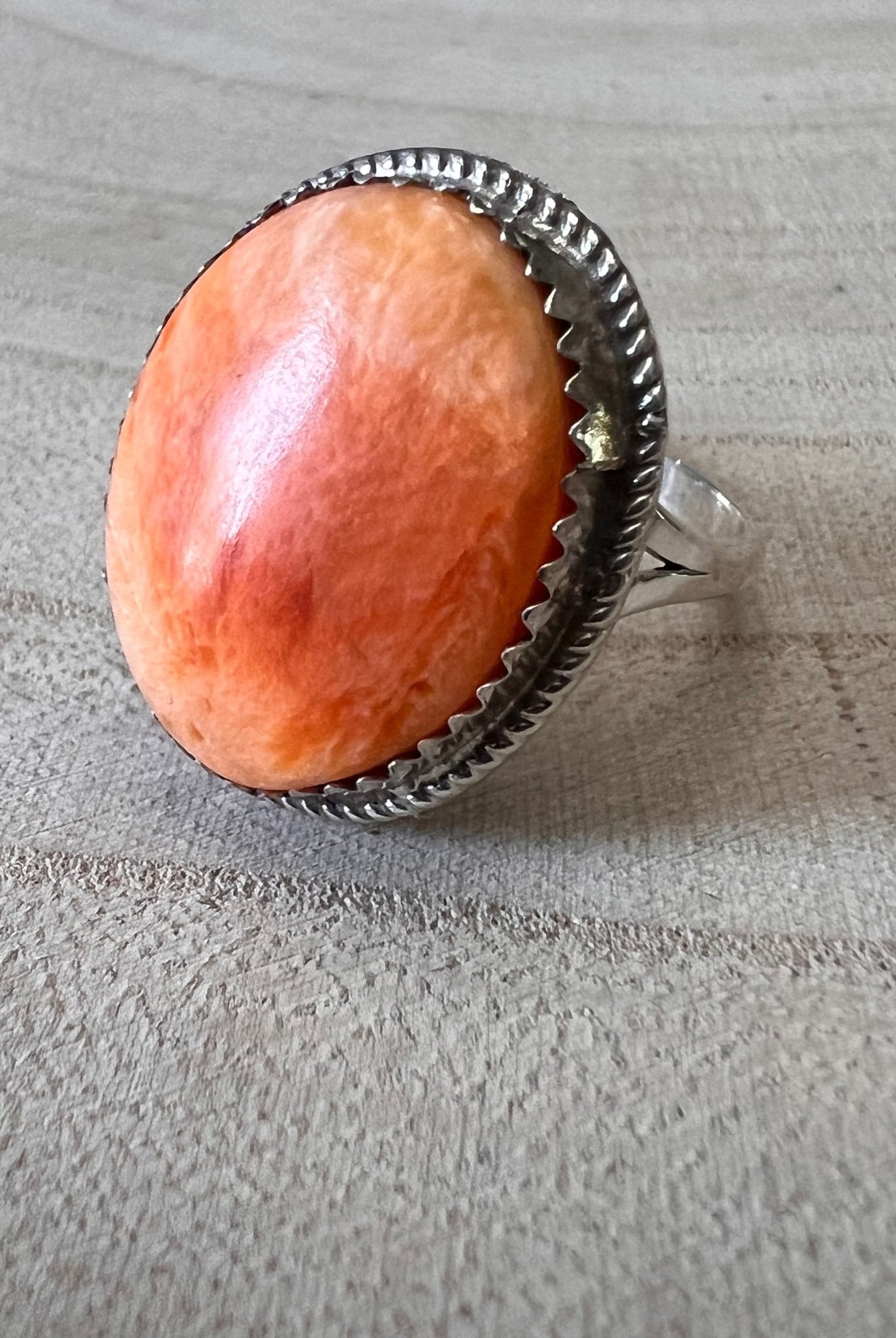 Ernest Hawthorne Spiny Oyster & Sterling Silver Ring - Size 7.5 - Cowhide and Conchos