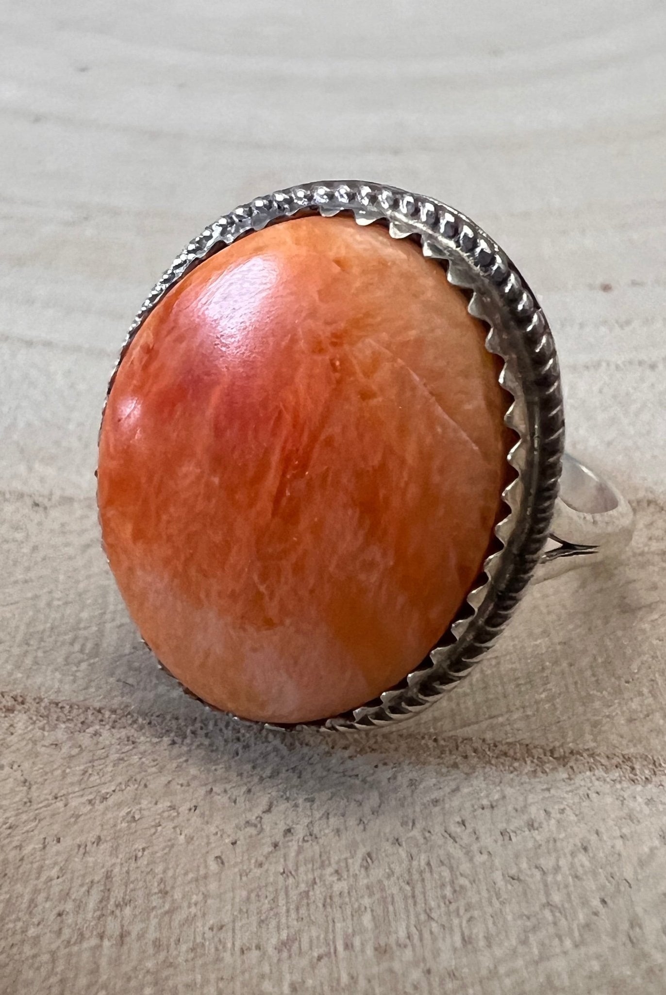 Ernest Hawthorne Spiny Oyster & Sterling Silver Ring - Size 7.5 - Cowhide and Conchos