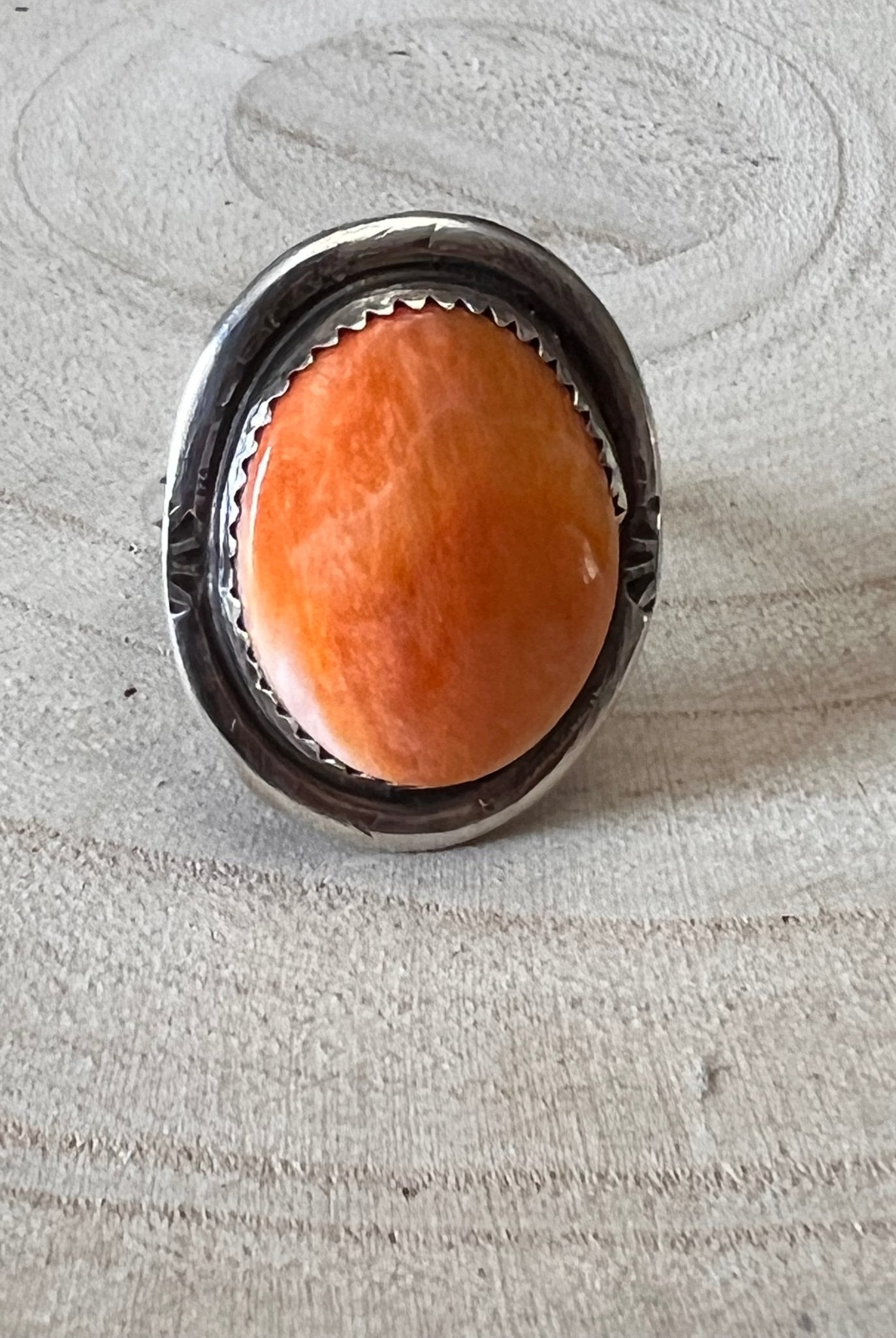 Ernest Hawthorne Spiny Oyster & Sterling Silver Ring - Size 8 - Cowhide and Conchos