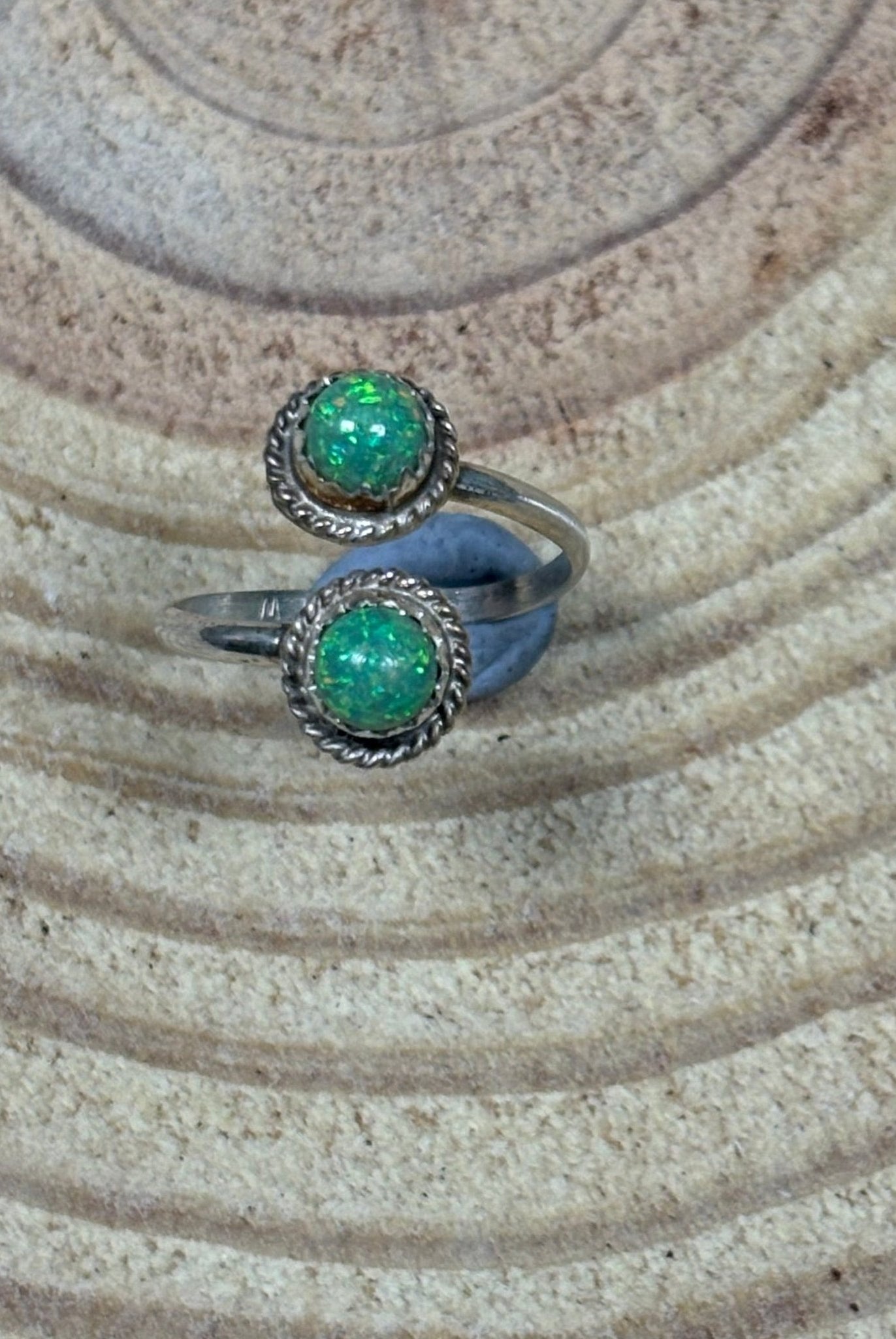 Esther White Navajo Handmade SS Green Opalite Adjustable Ring - Cowhide and Conchos