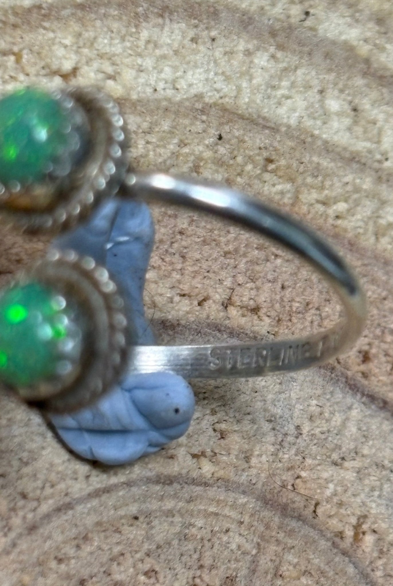 Esther White Navajo Handmade SS Green Opalite Adjustable Ring - Cowhide and Conchos