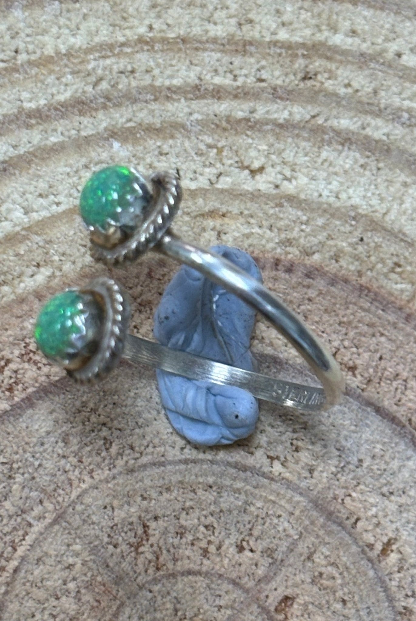 Esther White Navajo Handmade SS Green Opalite Adjustable Ring - Cowhide and Conchos