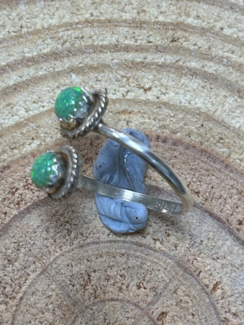 Esther White Navajo Handmade SS Green Opalite Adjustable Ring - Cowhide and Conchos