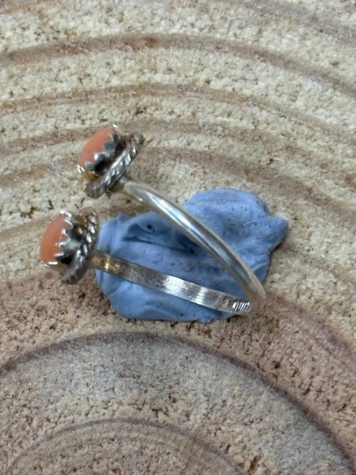 Esther White Navajo Handmade SS Pink Conch Adjustable Ring - Cowhide and Conchos