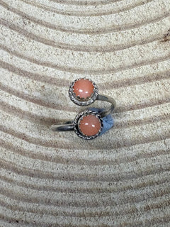 Esther White Navajo Handmade SS Pink Conch Adjustable Ring - Cowhide and Conchos