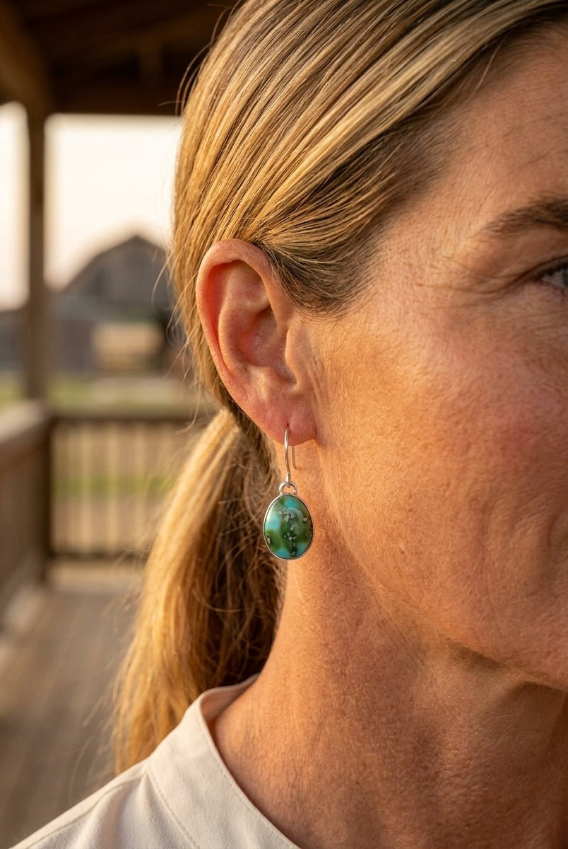Eugene Gruber Sonoran Turquoise Earrings — 1 1/4" × 3/8" - Cowhide and Conchos