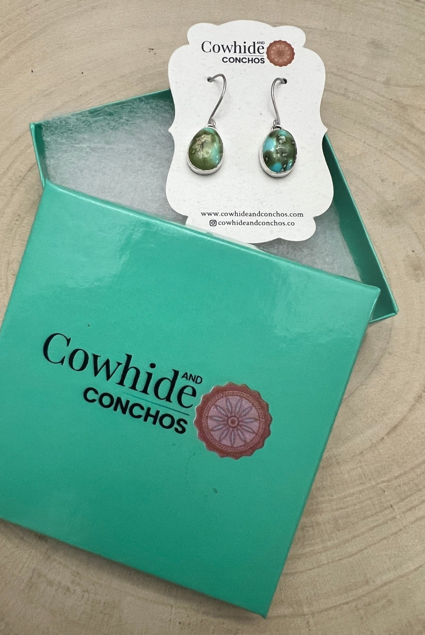 Eugene Gruber Sonoran Turquoise Earrings — 1 1/4" × 3/8" - Cowhide and Conchos