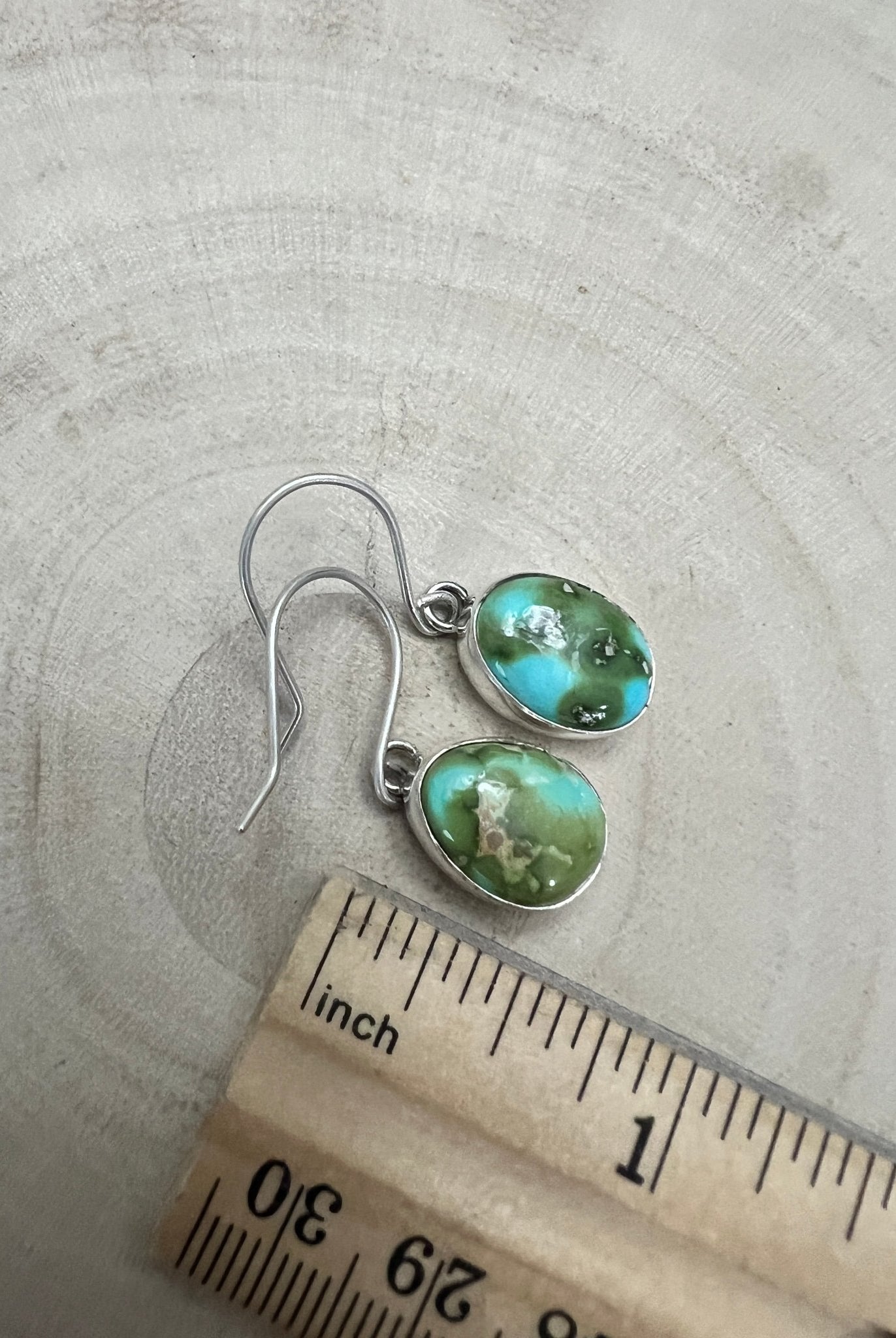 Eugene Gruber Sonoran Turquoise Earrings — 1 1/4" × 3/8" - Cowhide and Conchos