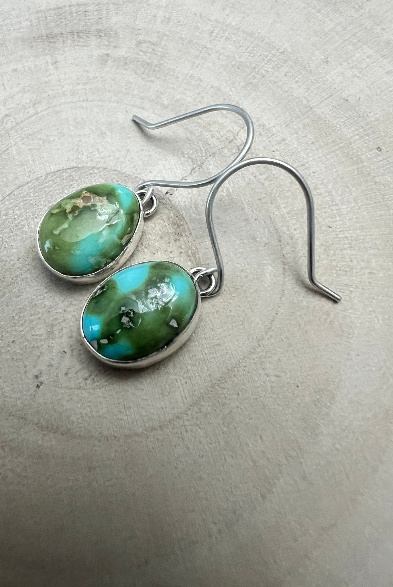 Eugene Gruber Sonoran Turquoise Earrings — 1 1/4" × 3/8" - Cowhide and Conchos