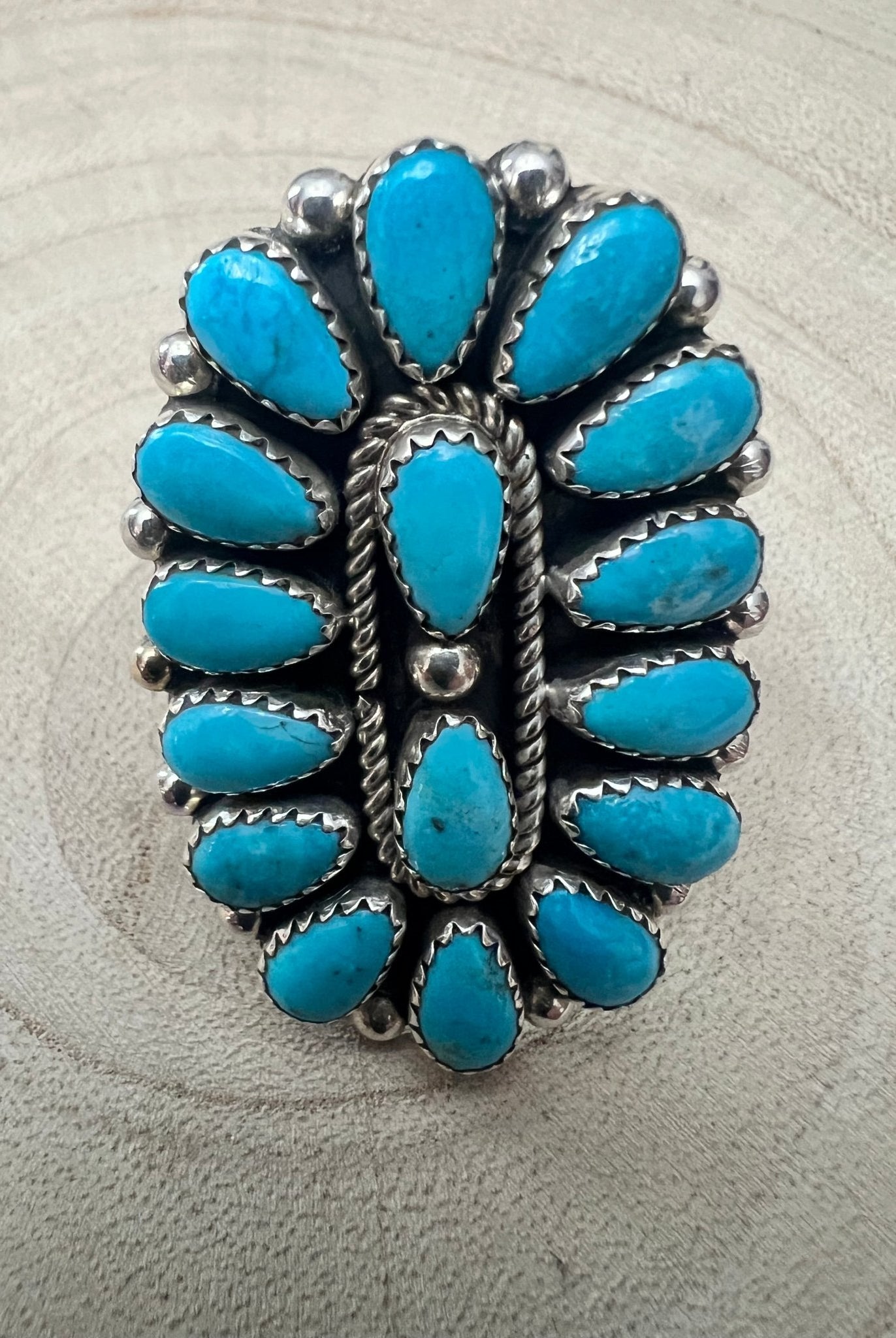 Eunise Wilson Turquoise & Sterling Silver Ring Size 8 - Cowhide and Conchos