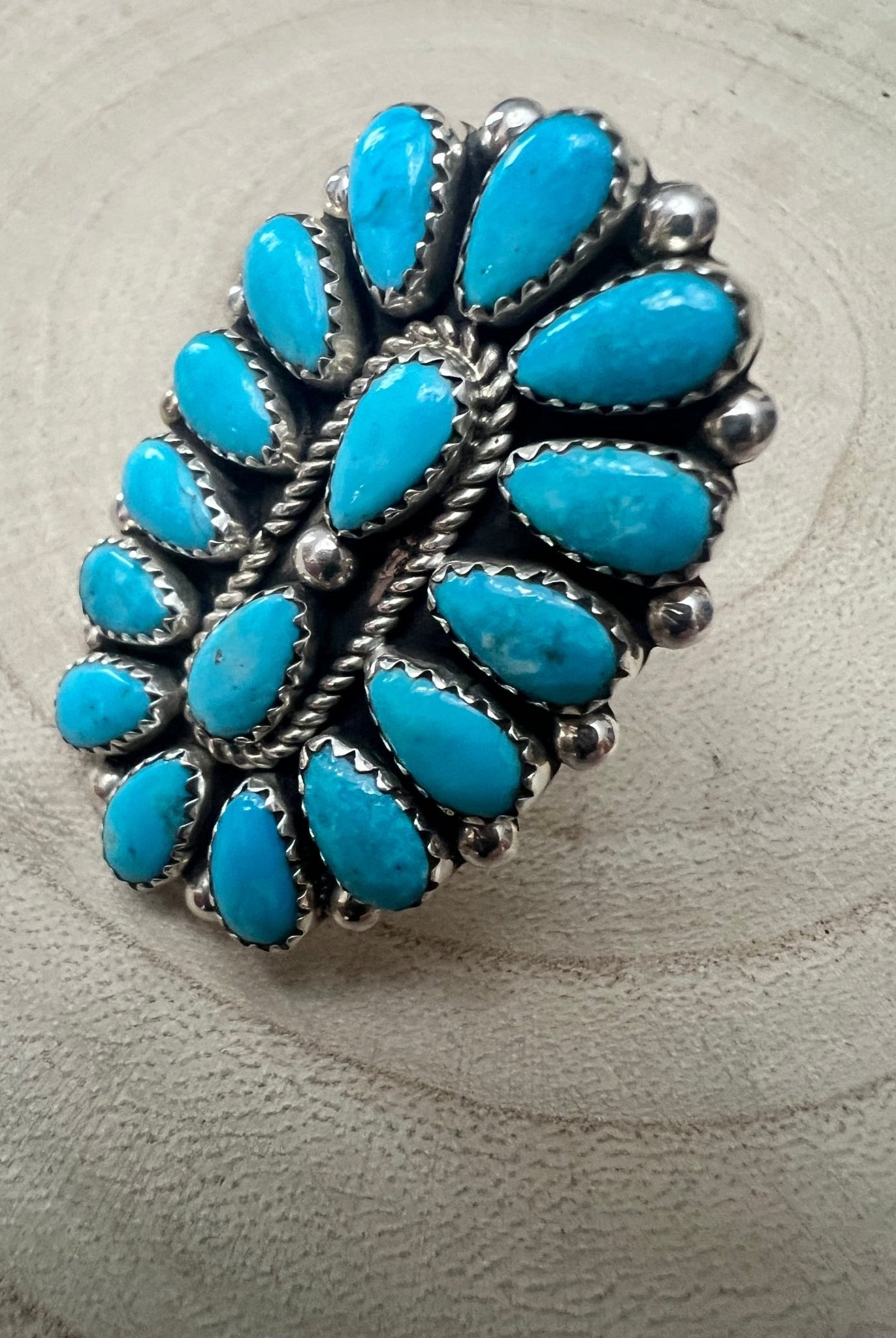 Eunise Wilson Turquoise & Sterling Silver Ring Size 8 - Cowhide and Conchos