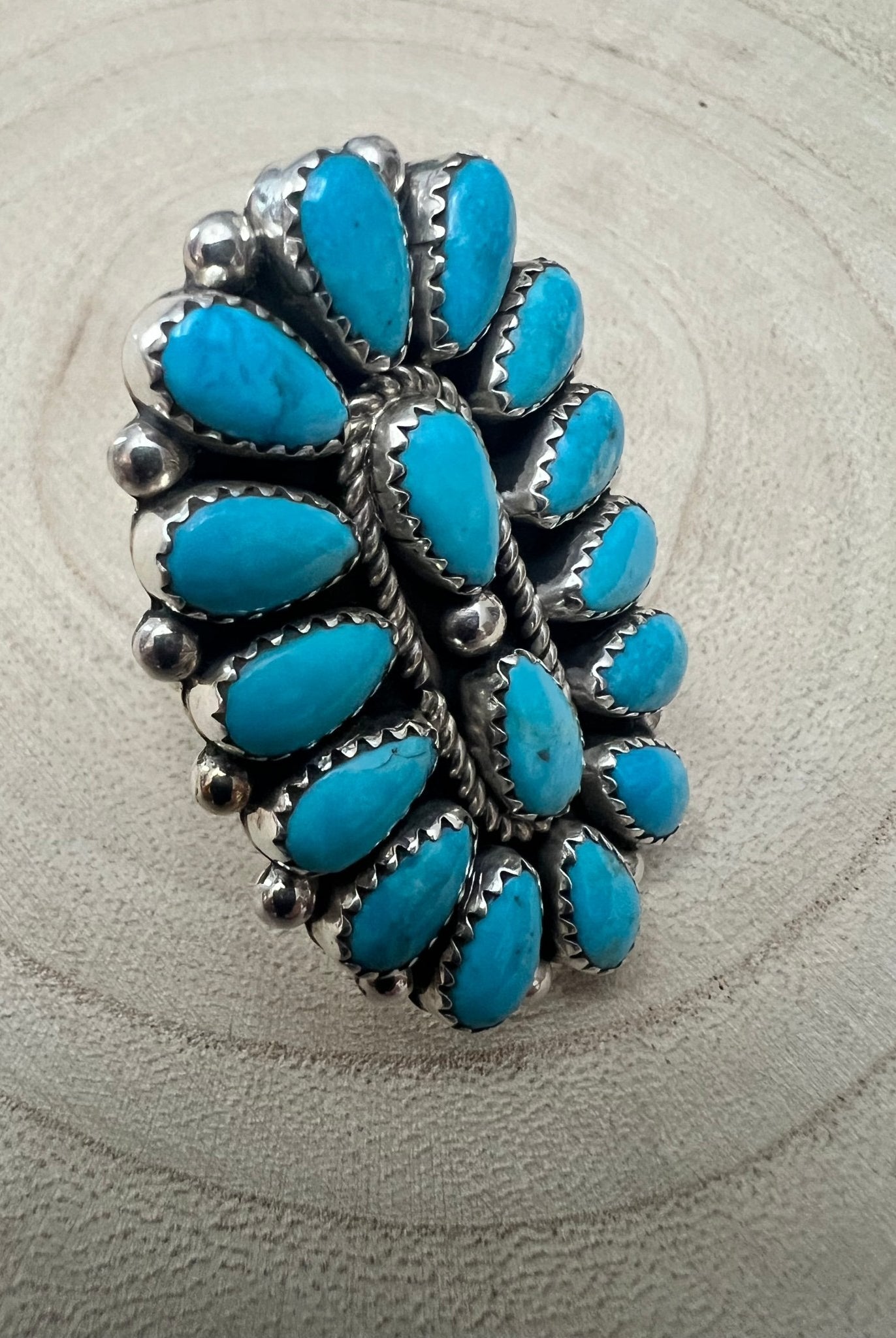 Eunise Wilson Turquoise & Sterling Silver Ring Size 8 - Cowhide and Conchos