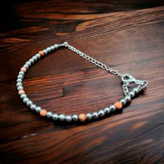 Fashion Pearl Bracelet With a bit of Orange - Cowhide and Conchos