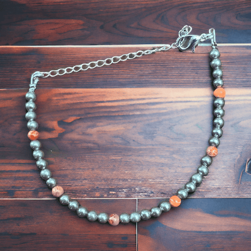 Fashion Pearl Bracelet With a bit of Orange - Cowhide and Conchos