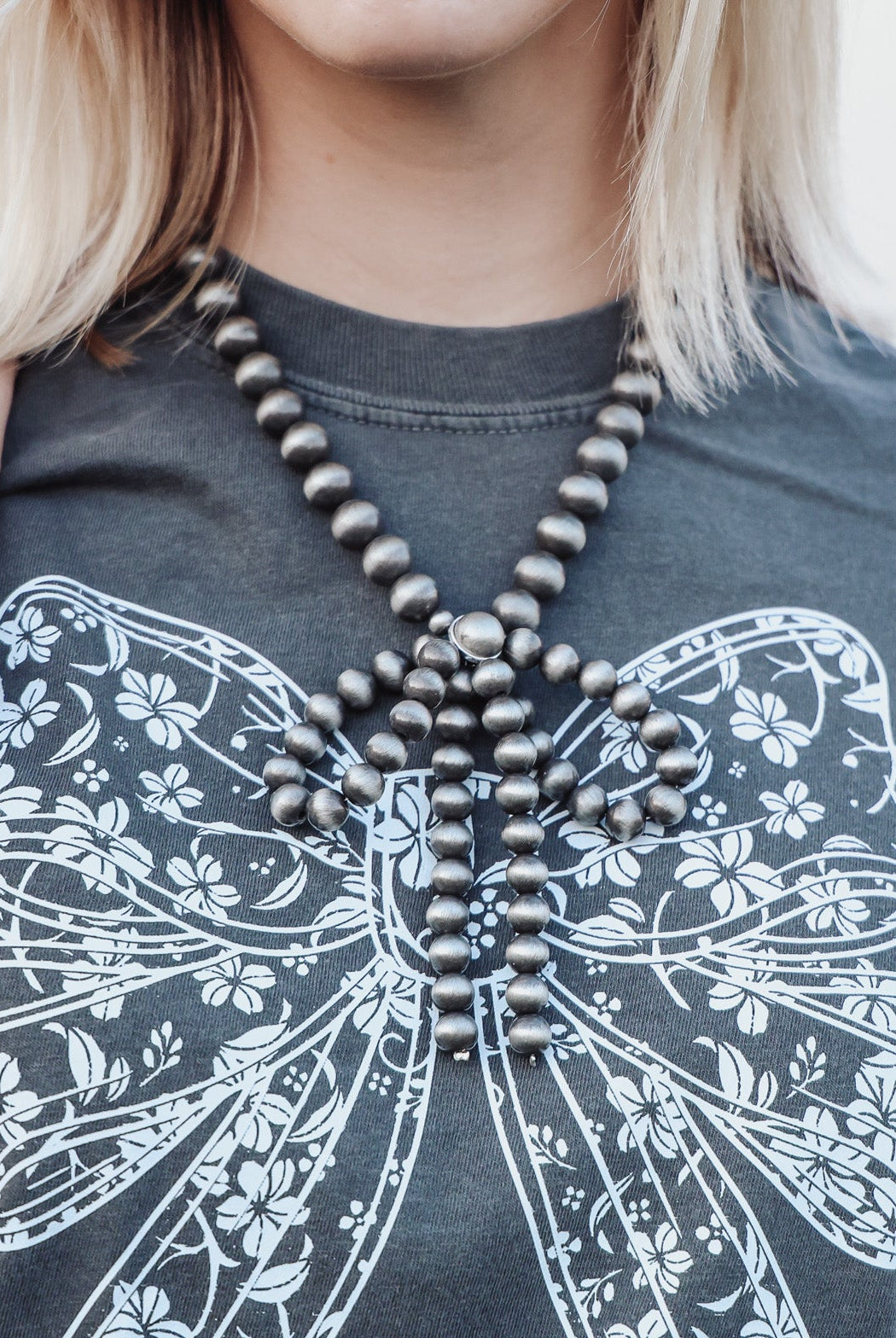 Faux Bow Necklace with Large Faux Pearls - 16 inch - Cowhide and Conchos