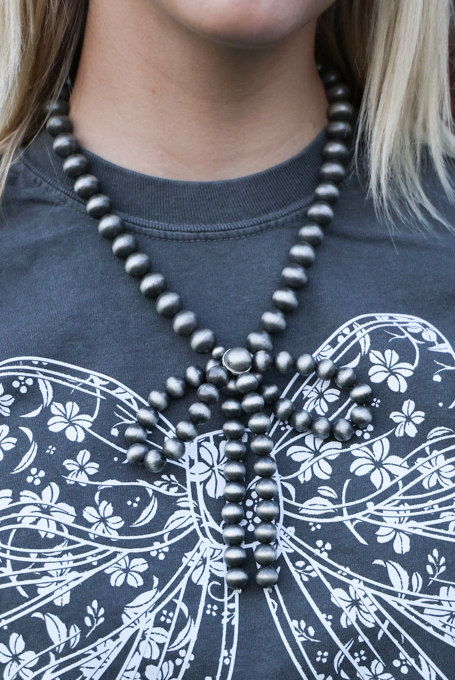 Faux Bow Necklace with Large Faux Pearls - 16 inch - Cowhide and Conchos