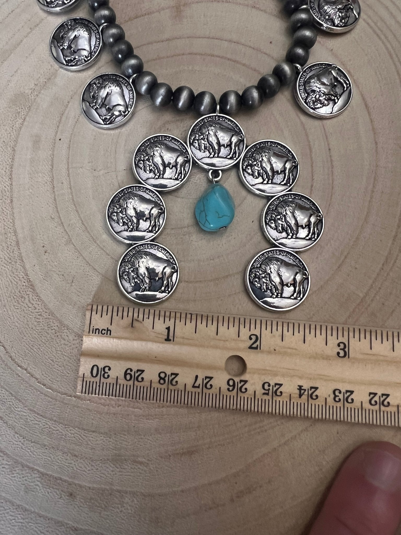 Faux Buffalo Coin Squash Blossom Set - Cowhide and Conchos