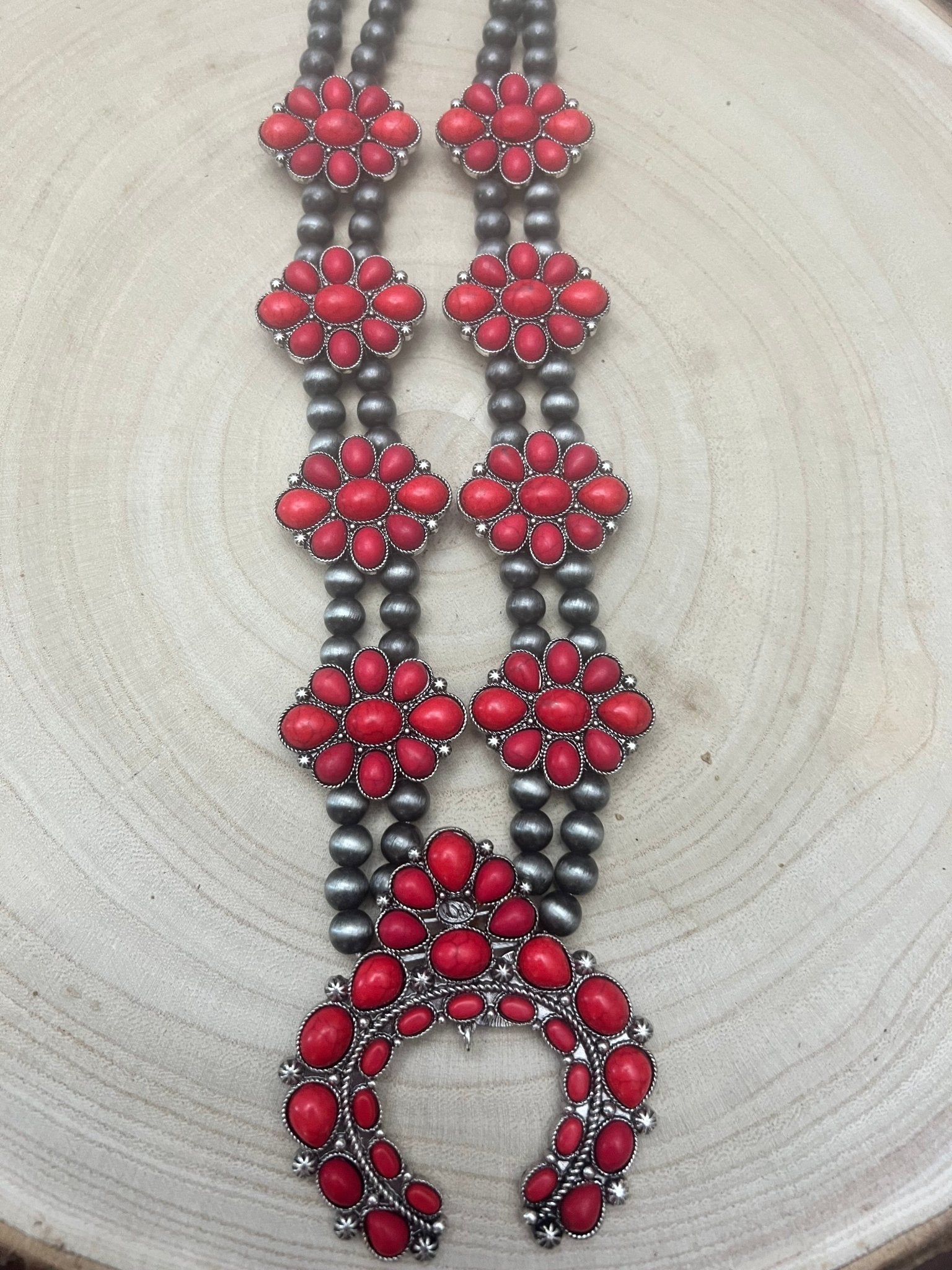 Faux Coral Long Squash Blossom Statement Necklace - 32 inch necklace - Cowhide and Conchos