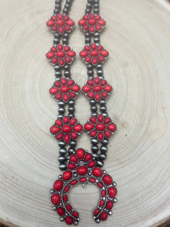 Faux Coral Long Squash Blossom Statement Necklace - 32 inch necklace - Cowhide and Conchos