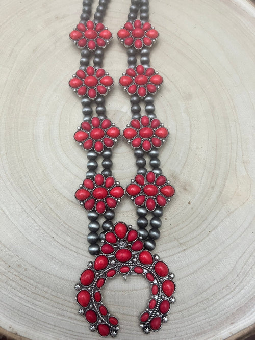 Faux Coral Long Squash Blossom Statement Necklace - 32 inch necklace - Cowhide and Conchos