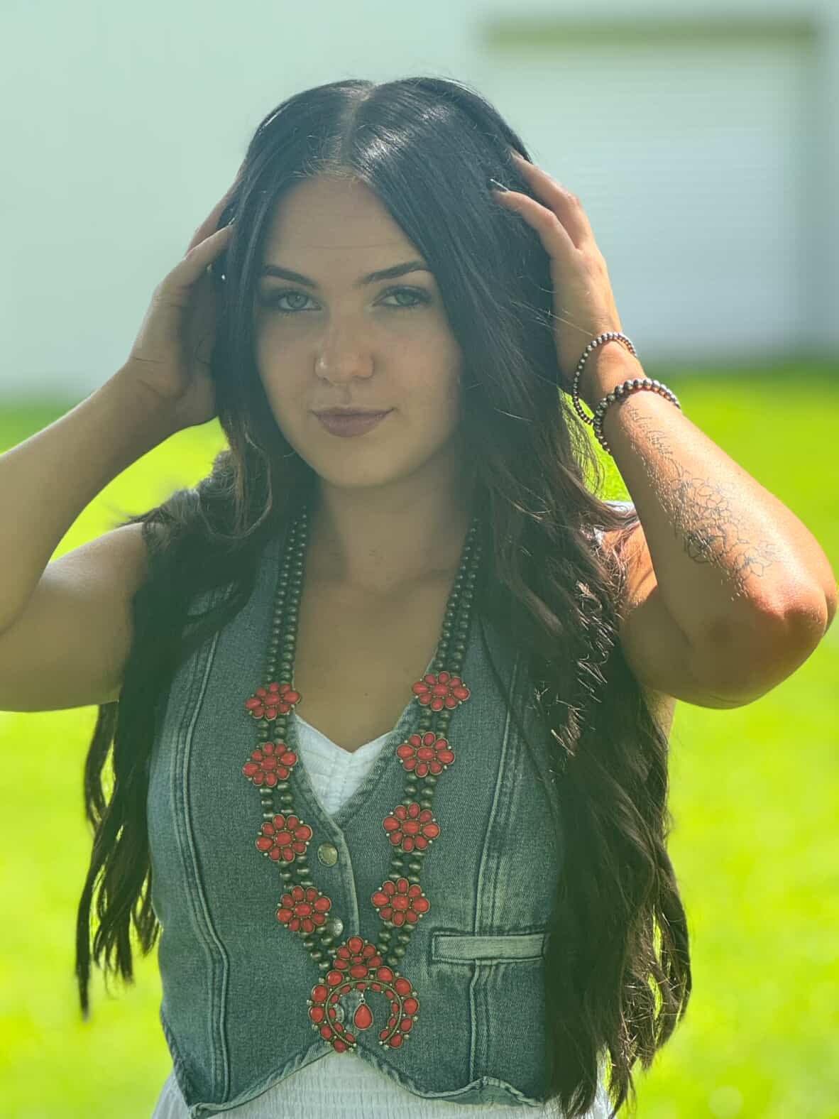 Faux Coral Long Squash Blossom Statement Necklace - 32 inch necklace - Cowhide and Conchos