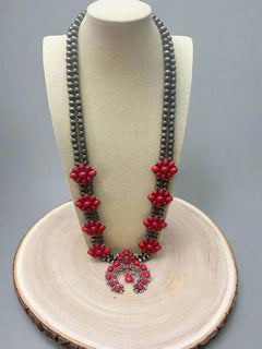 Faux Coral Long Squash Blossom Statement Necklace - 32 inch necklace - Cowhide and Conchos