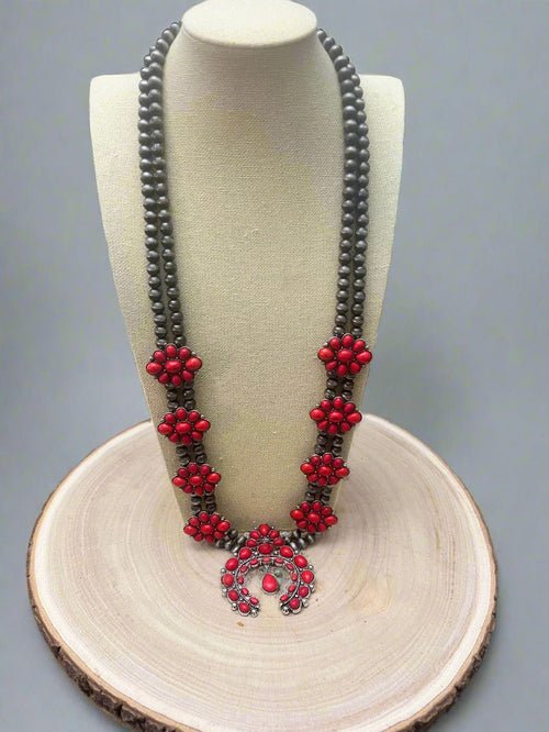 Faux Coral Long Squash Blossom Statement Necklace - 32 inch necklace - Cowhide and Conchos
