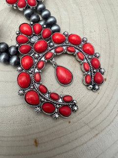 Faux Coral Long Squash Blossom Statement Necklace - 32 inch necklace - Cowhide and Conchos