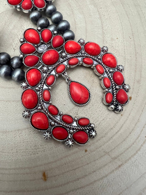 Faux Coral Long Squash Blossom Statement Necklace - 32 inch necklace - Cowhide and Conchos