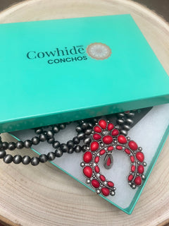 Faux Coral Long Squash Blossom Statement Necklace - 32 inch necklace - Cowhide and Conchos