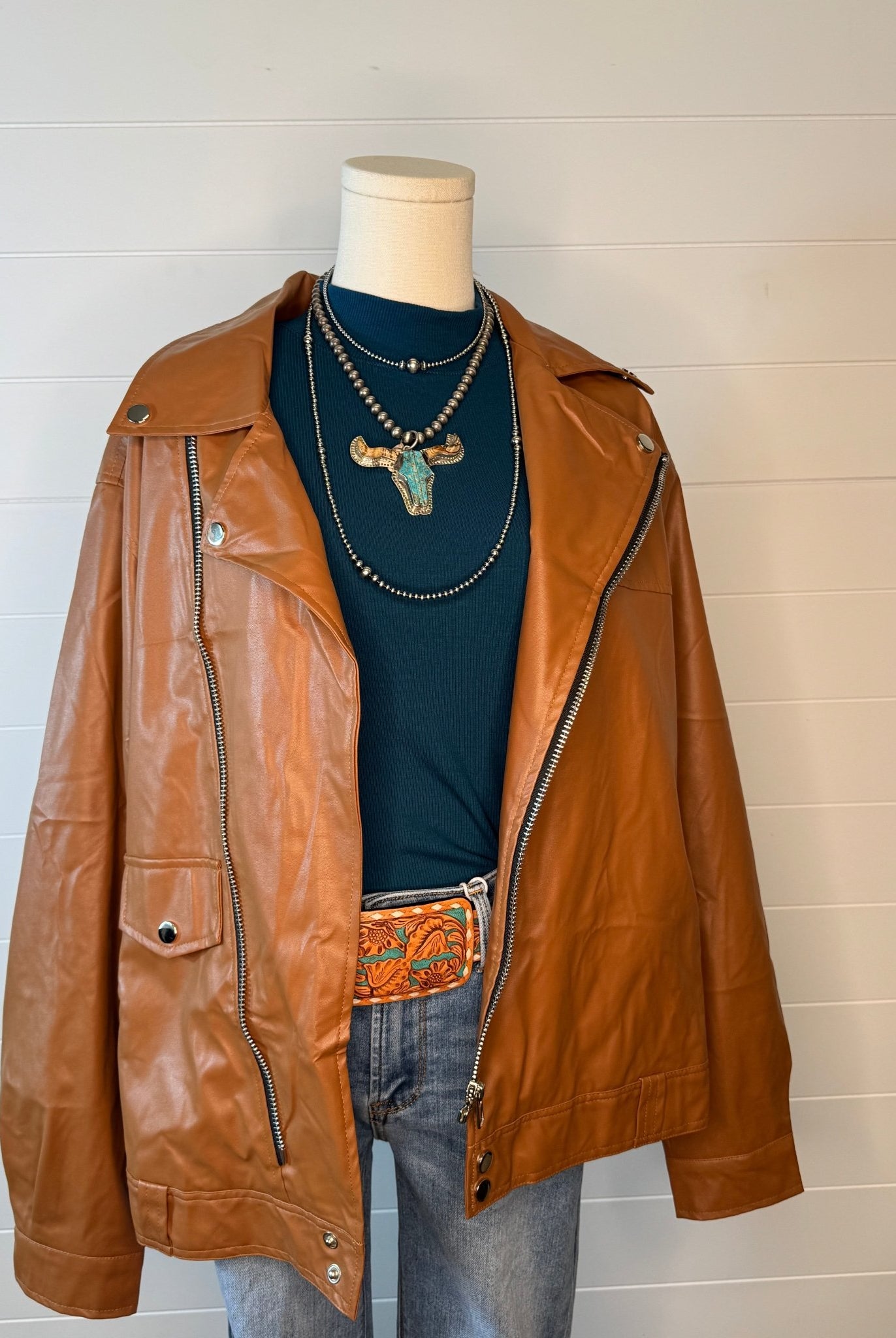 Faux Leather Moto Jacket - Cowhide and Conchos