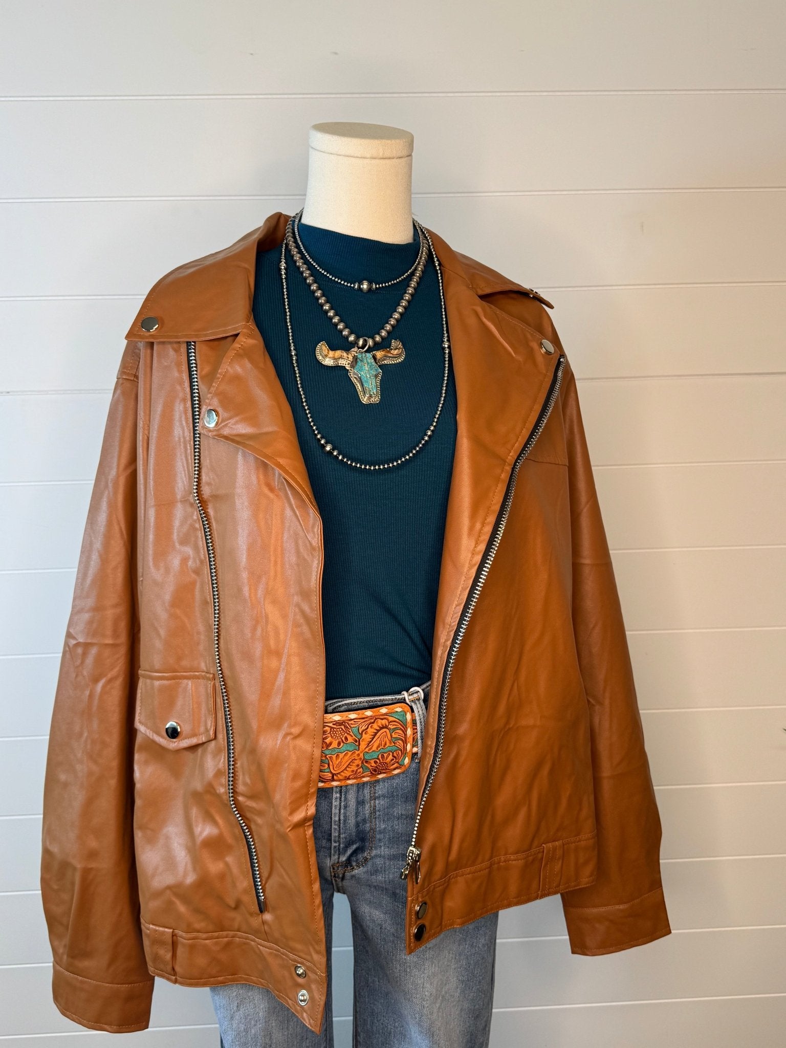 Faux Leather Moto Jacket - Cowhide and Conchos