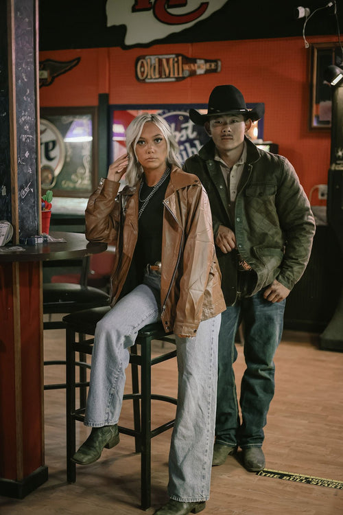 Faux Leather Moto Jacket - Cowhide and Conchos