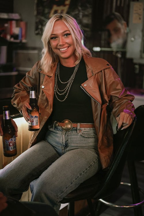 Faux Leather Moto Jacket - Cowhide and Conchos