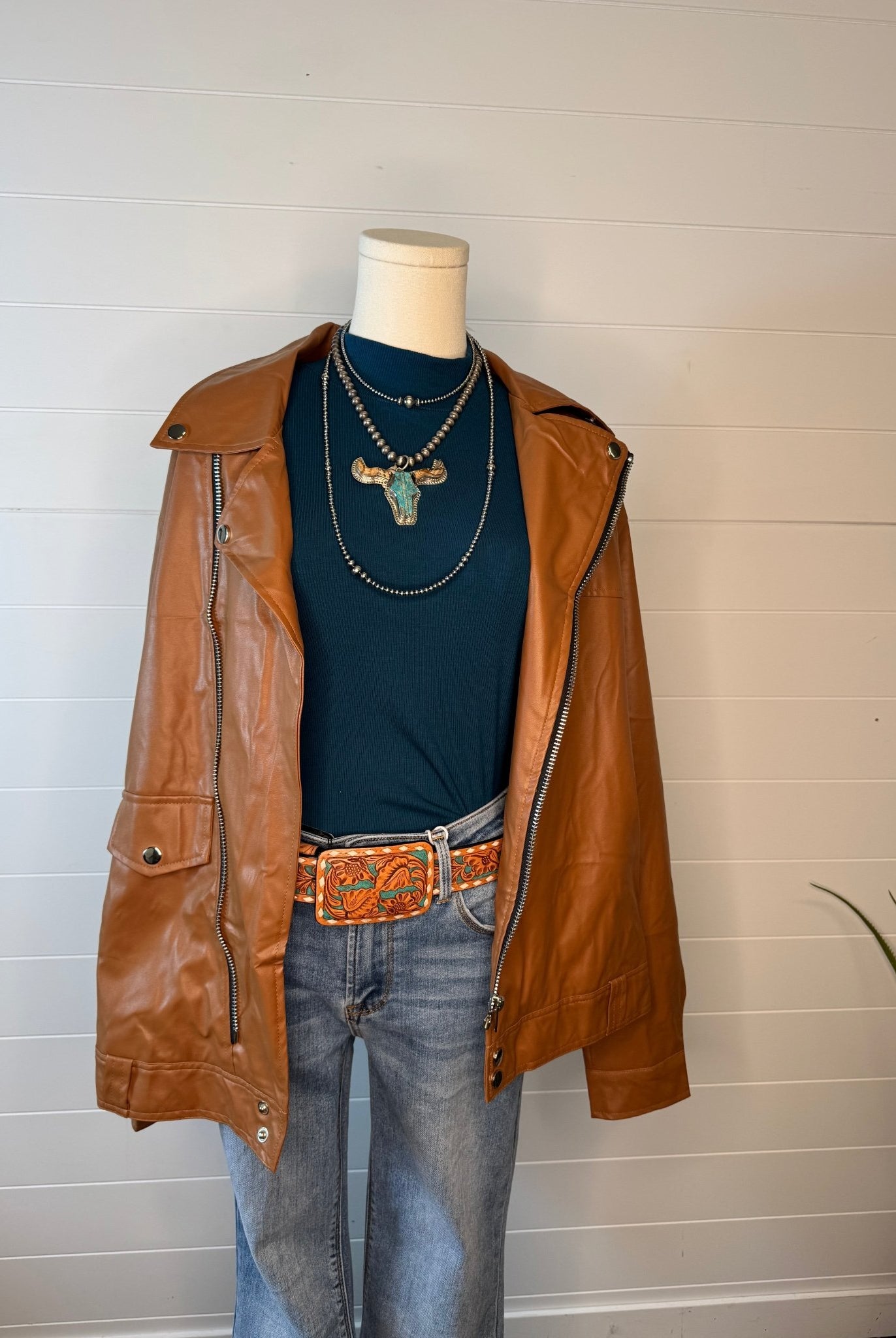 Faux Leather Moto Jacket - Cowhide and Conchos