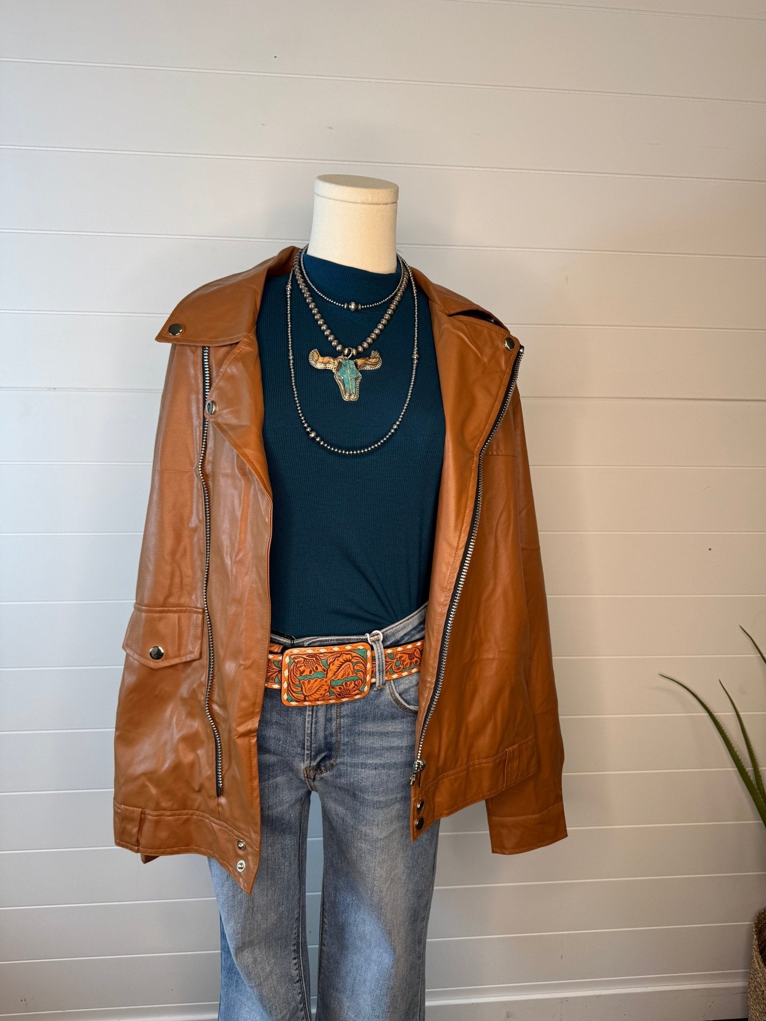 Faux Leather Moto Jacket - Cowhide and Conchos