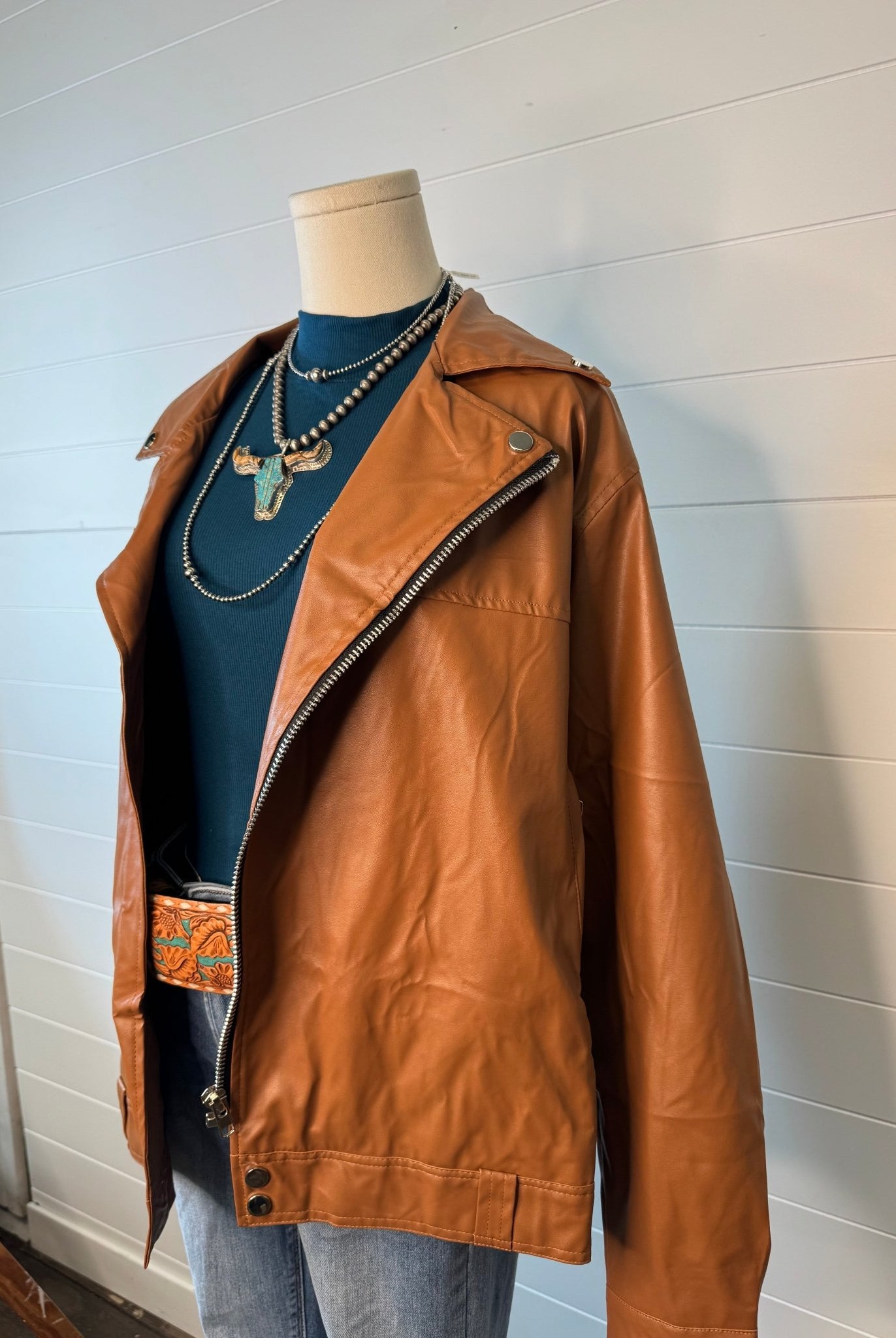 Faux Leather Moto Jacket - Cowhide and Conchos