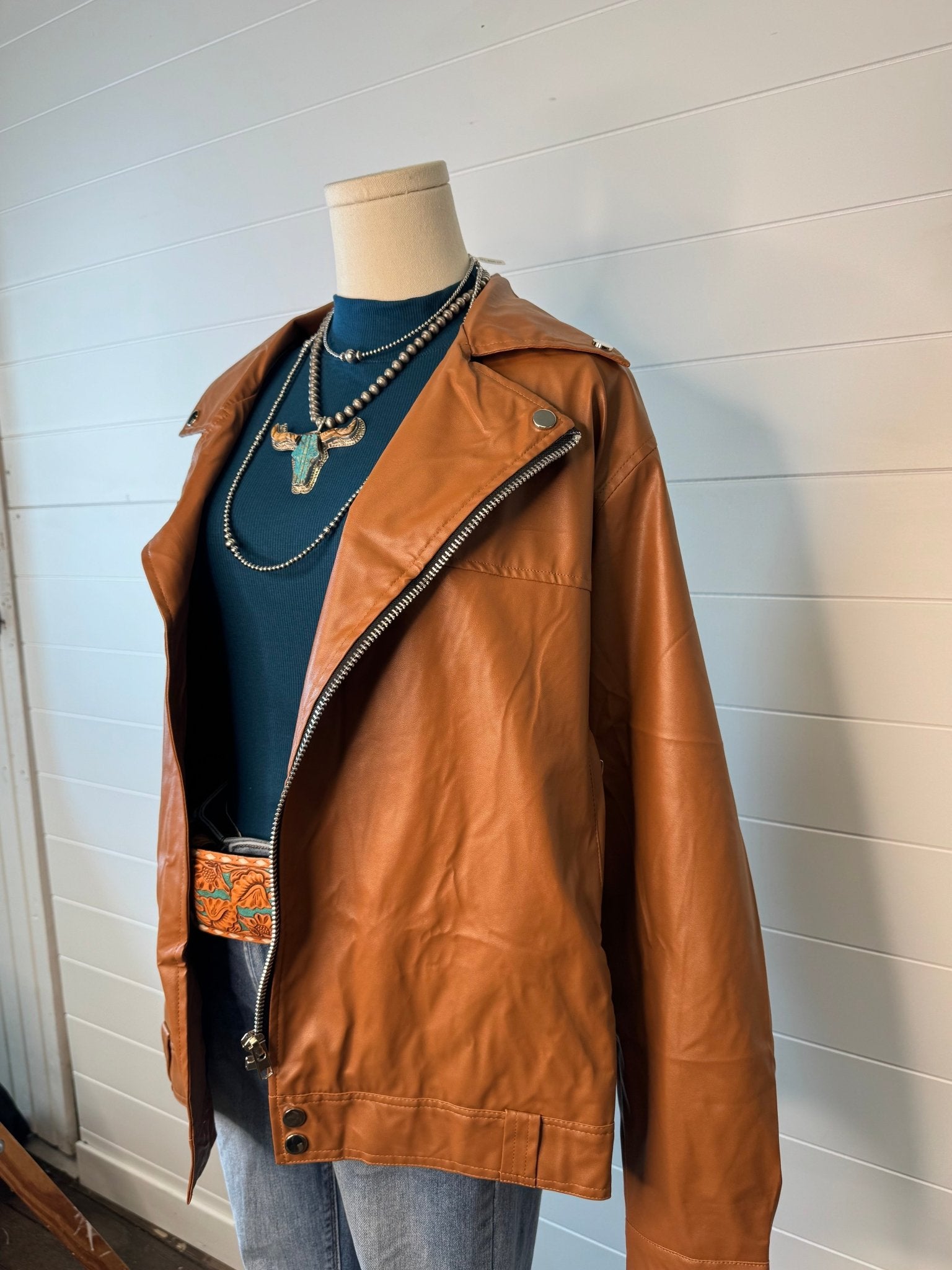 Faux Leather Moto Jacket - Cowhide and Conchos
