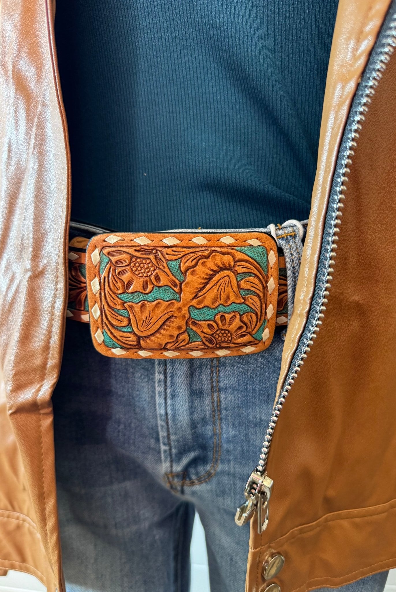 Faux Leather Moto Jacket - Cowhide and Conchos