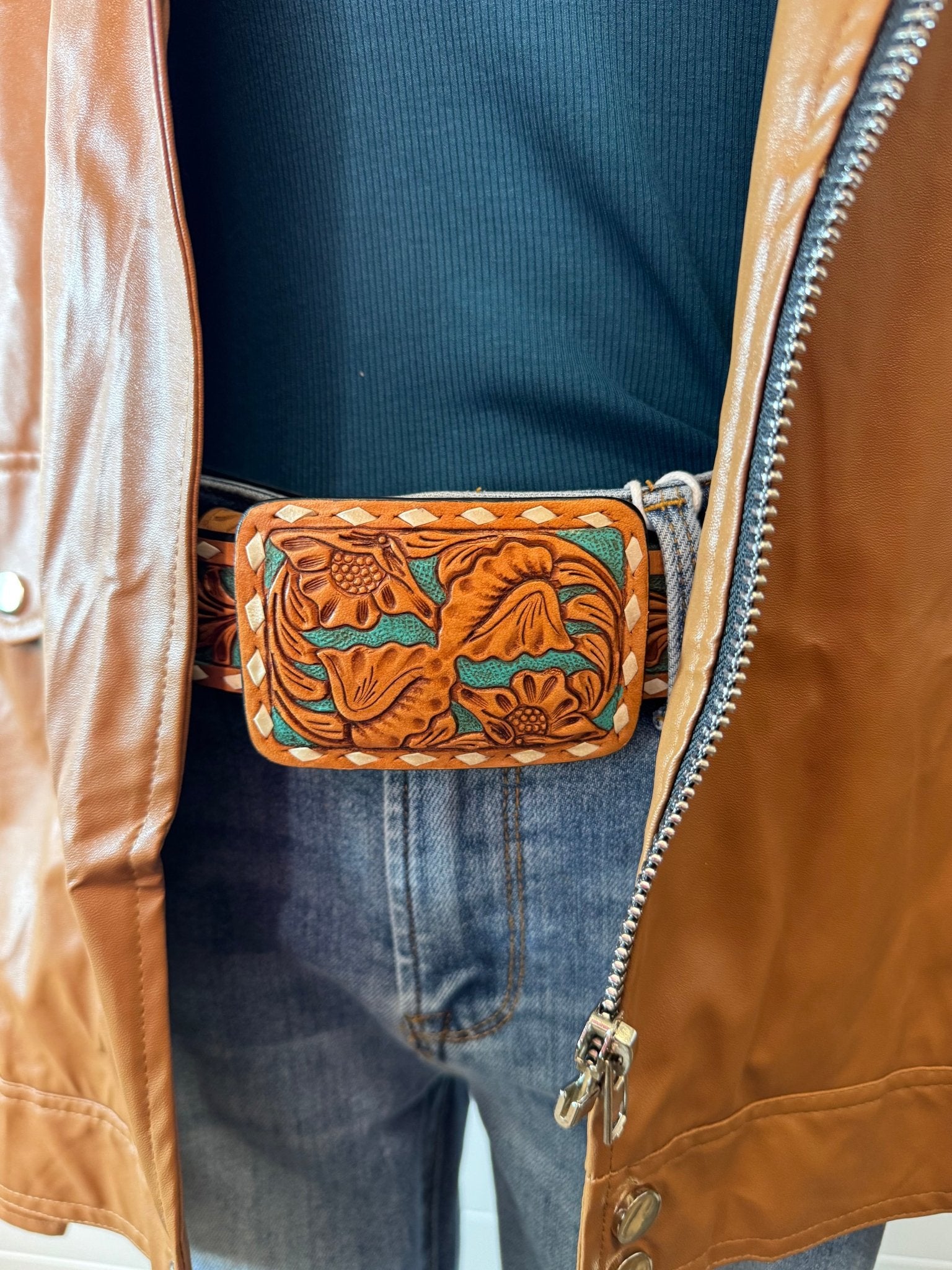 Faux Leather Moto Jacket - Cowhide and Conchos