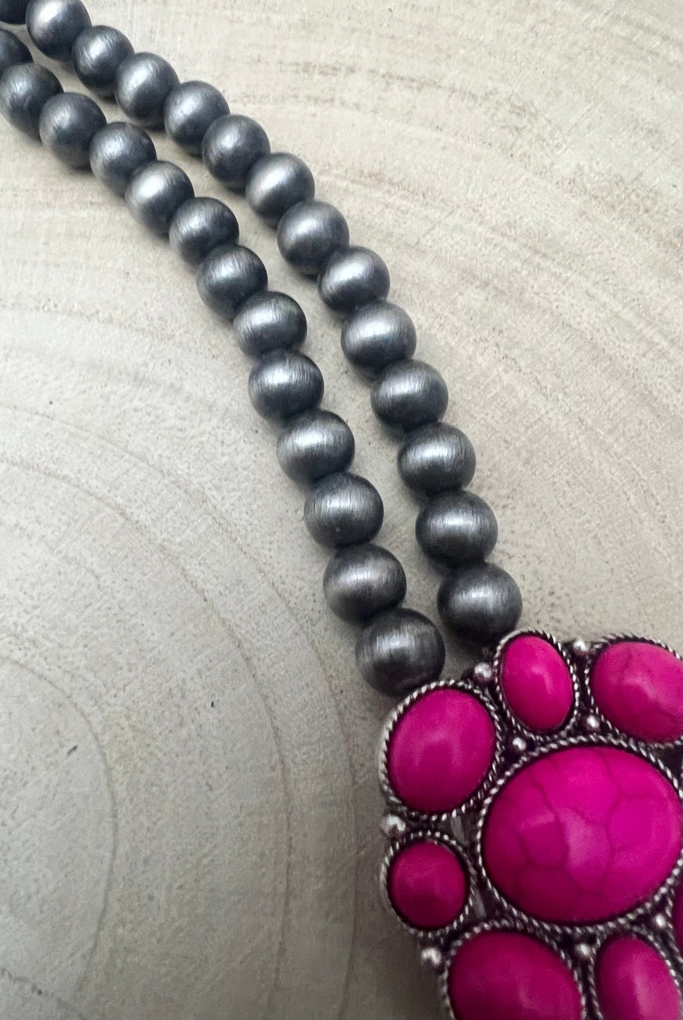 Faux Pink Squash Blossom Necklace on Double Strand Pearls - 18 inch necklace - Cowhide and Conchos
