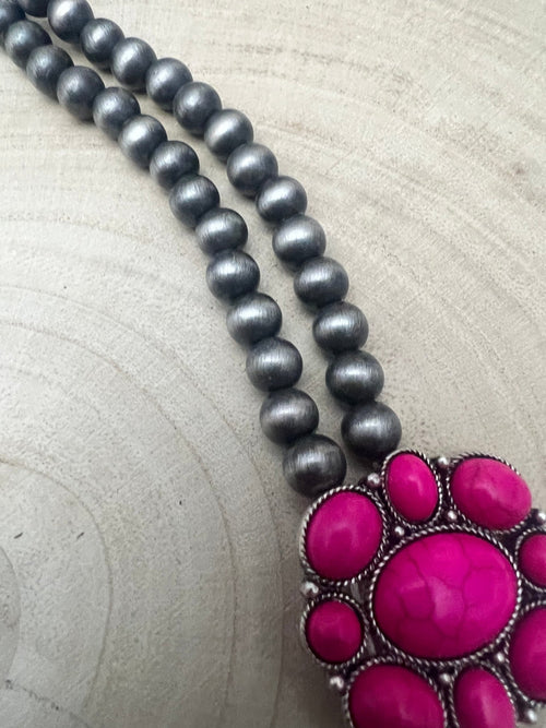 Faux Pink Squash Blossom Necklace on Double Strand Pearls - 18 inch necklace - Cowhide and Conchos