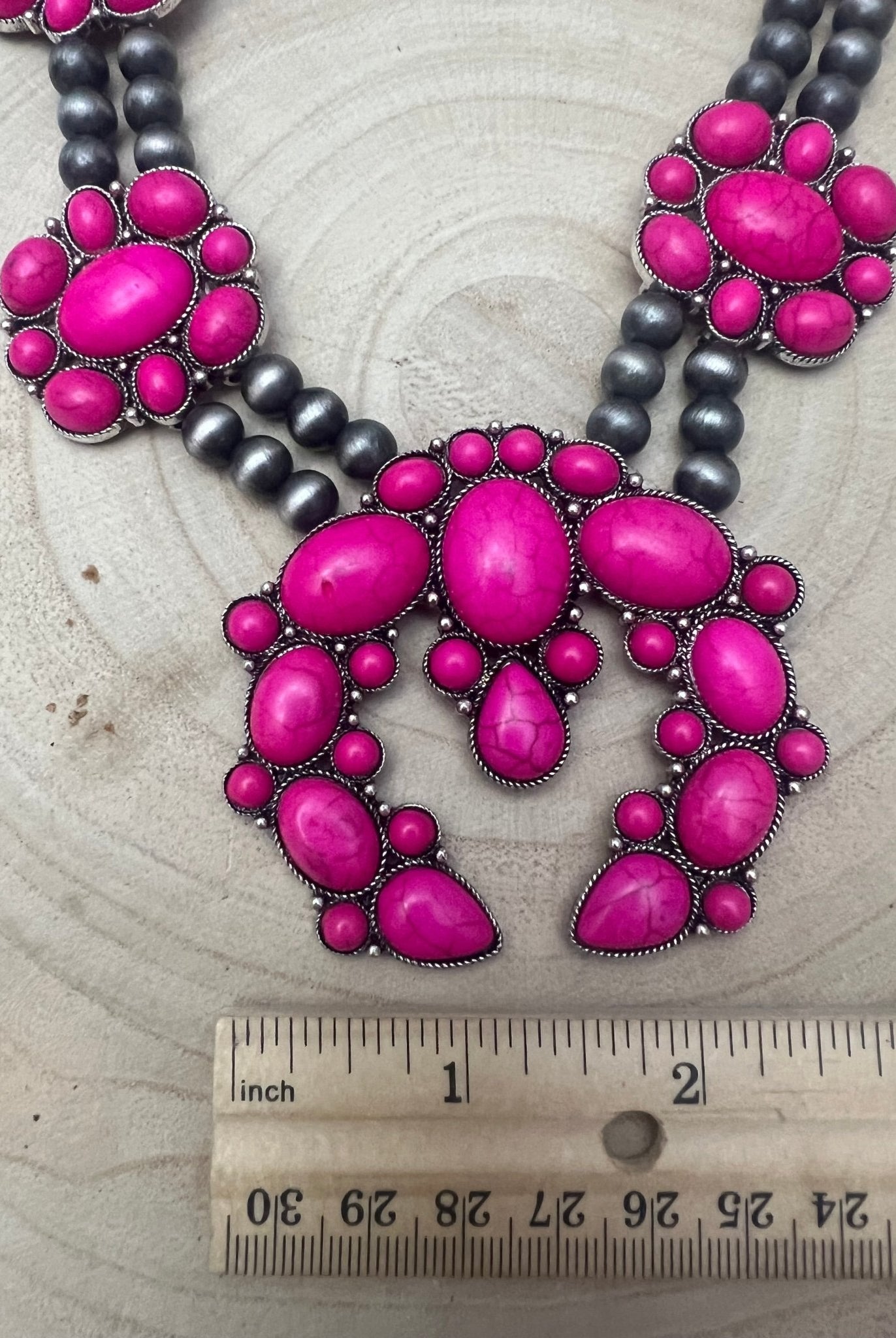 Faux Pink Squash Blossom Necklace on Double Strand Pearls - 18 inch necklace - Cowhide and Conchos