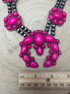 Faux Pink Squash Blossom Necklace on Double Strand Pearls - 18 inch necklace - Cowhide and Conchos