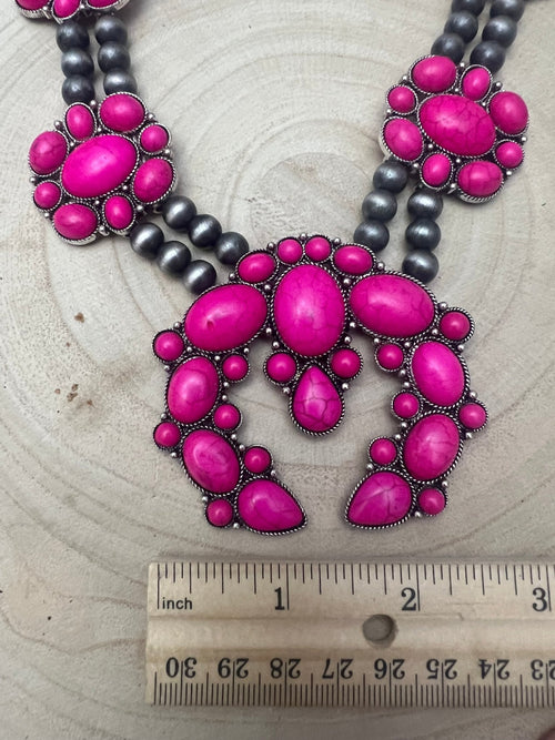 Faux Pink Squash Blossom Necklace on Double Strand Pearls - 18 inch necklace - Cowhide and Conchos