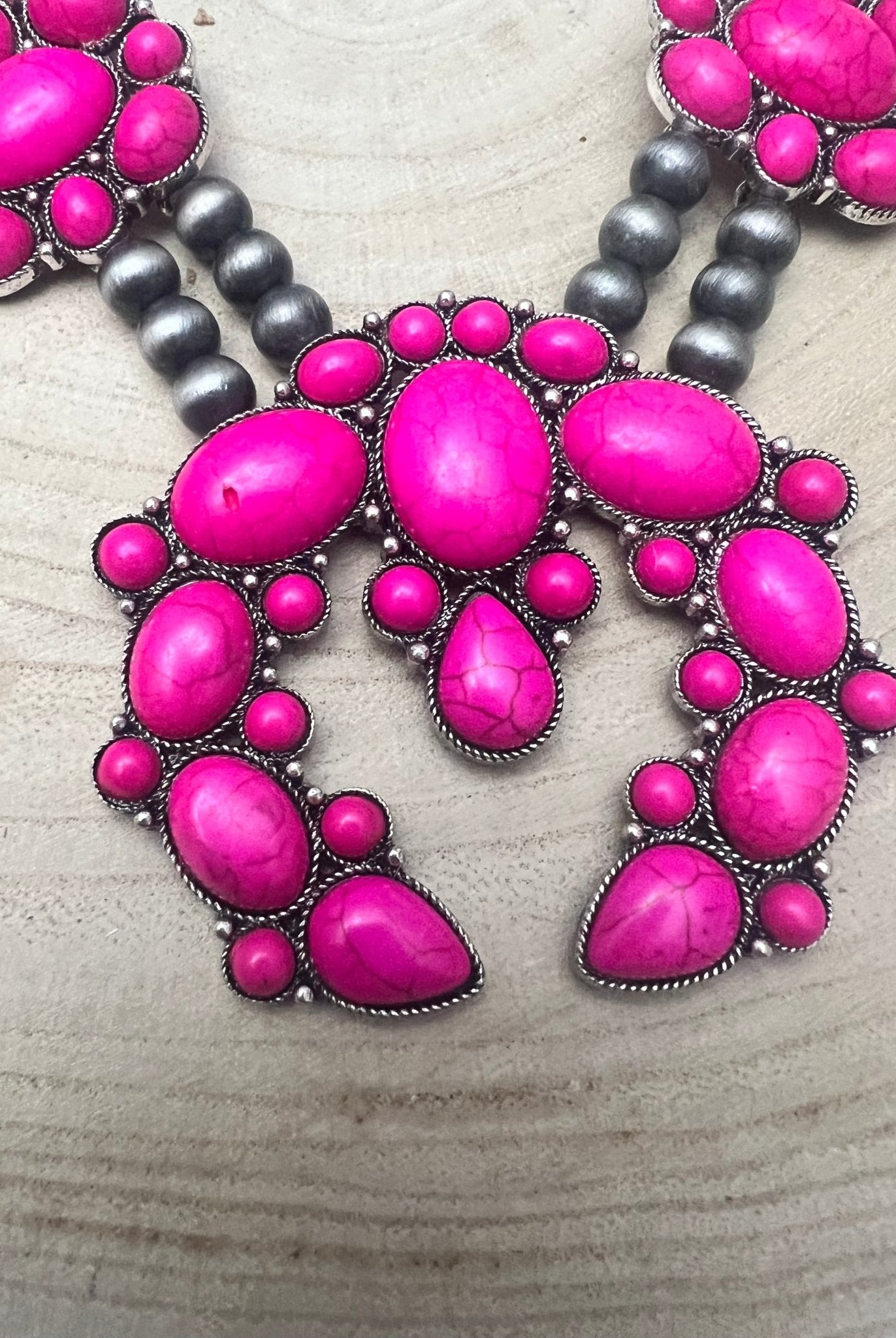 Faux Pink Squash Blossom Necklace on Double Strand Pearls - 18 inch necklace - Cowhide and Conchos
