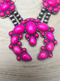 Faux Pink Squash Blossom Necklace on Double Strand Pearls - 18 inch necklace - Cowhide and Conchos
