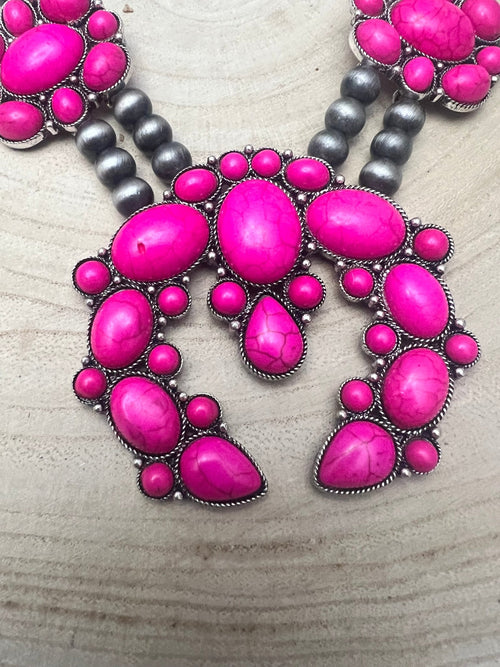 Faux Pink Squash Blossom Necklace on Double Strand Pearls - 18 inch necklace - Cowhide and Conchos